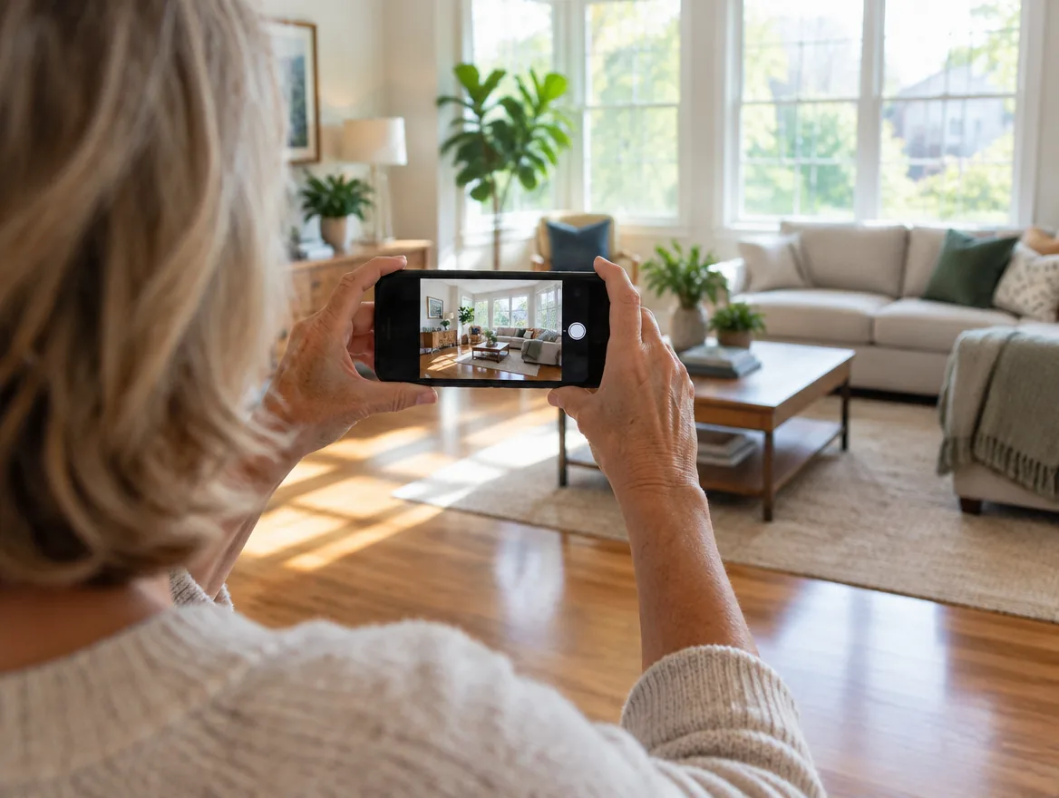 Eine Eigentümerin fotografiert ihr Wohnzimmer mit dem Handy
